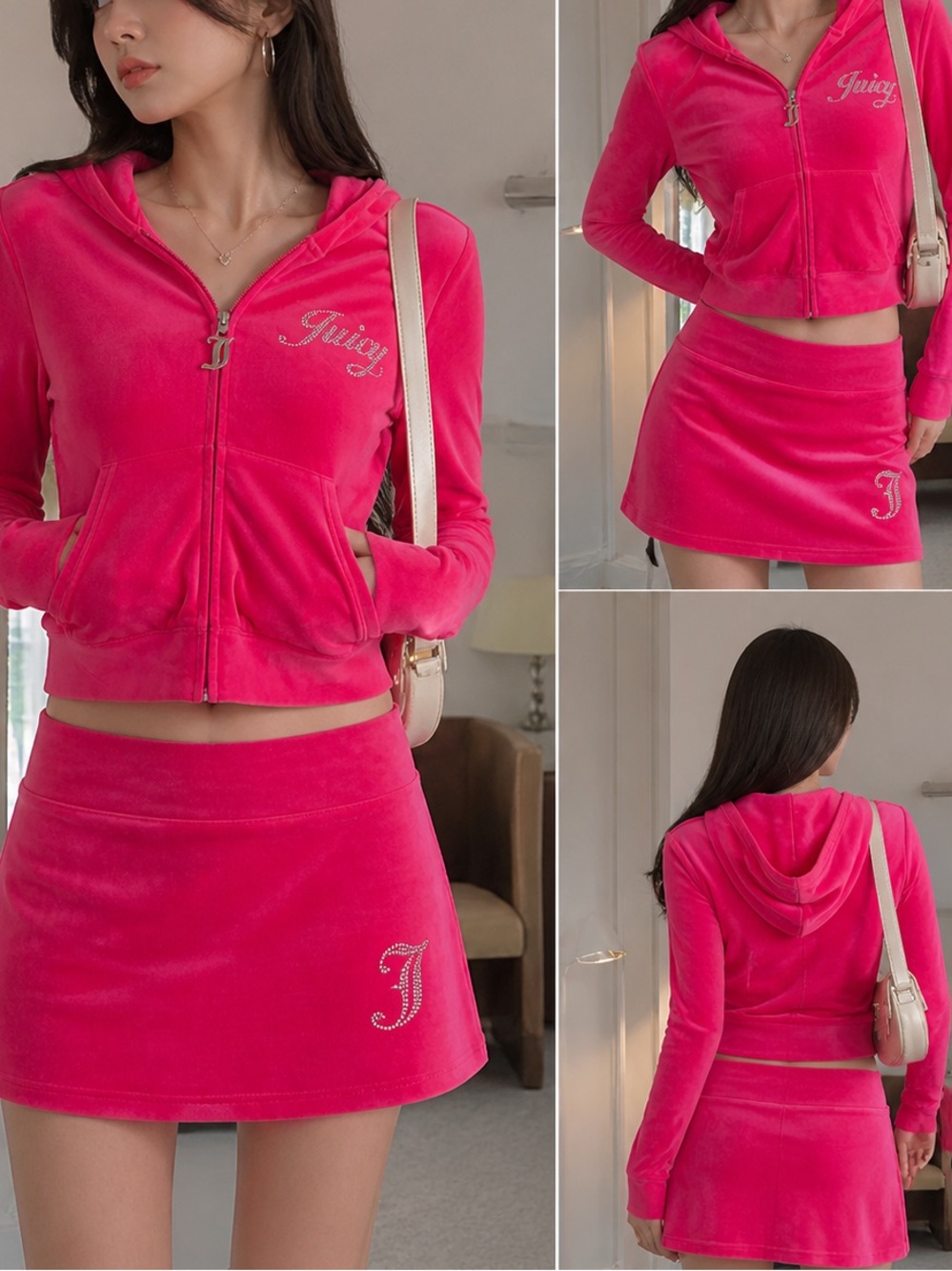 NWOT Juicy Couture Bright Pink Velour Zip Hoodie with Rhinestone Logo